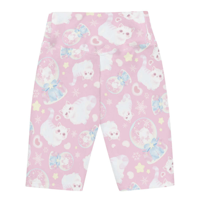 Snow Kitten kawaii biker shorts with blushing kittens and blue and pink bows