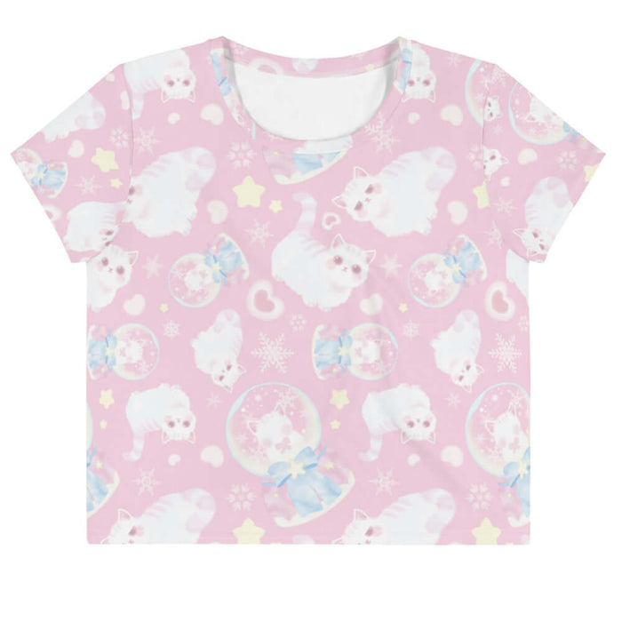 Snow Kitten kawaii crop top in pink with fluffy white kittens and snow globes