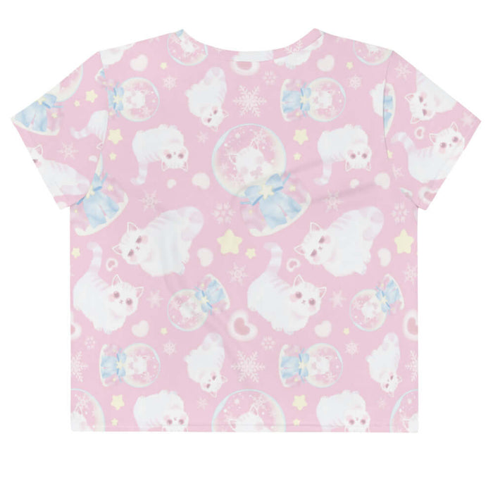 Snow Kitten kawaii crop top in pink with blushing kittens and blue and pink bows