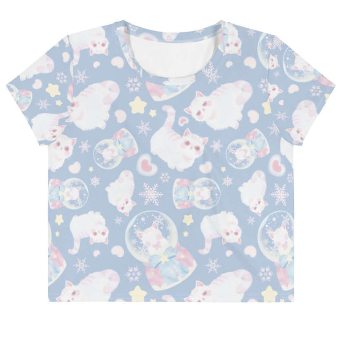 Snow Kitten kawaii crop top with snow globes and drifting snowflakes