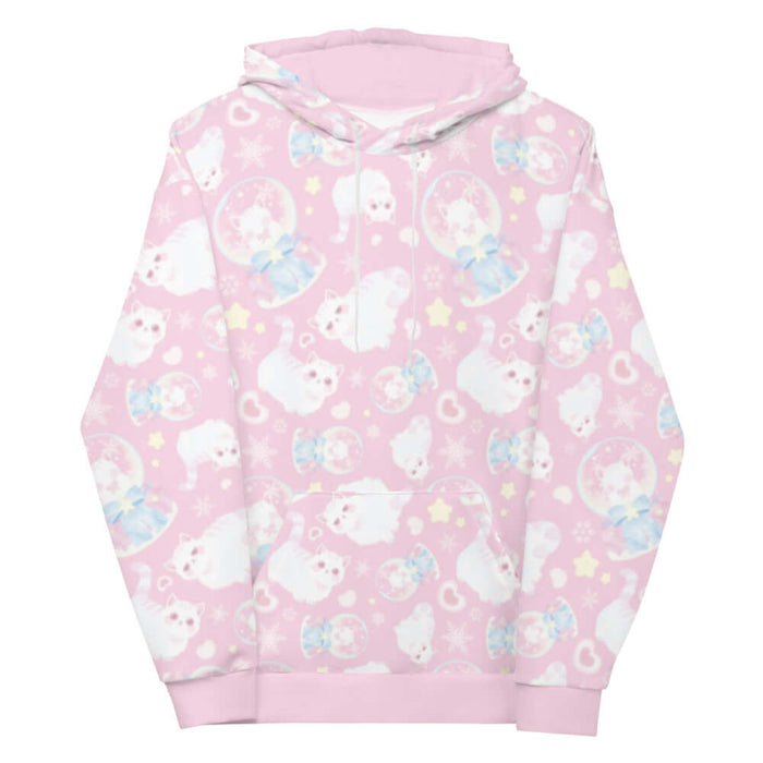 Snow Kitten kawaii hoodie with fluffy white kittens and snow globes