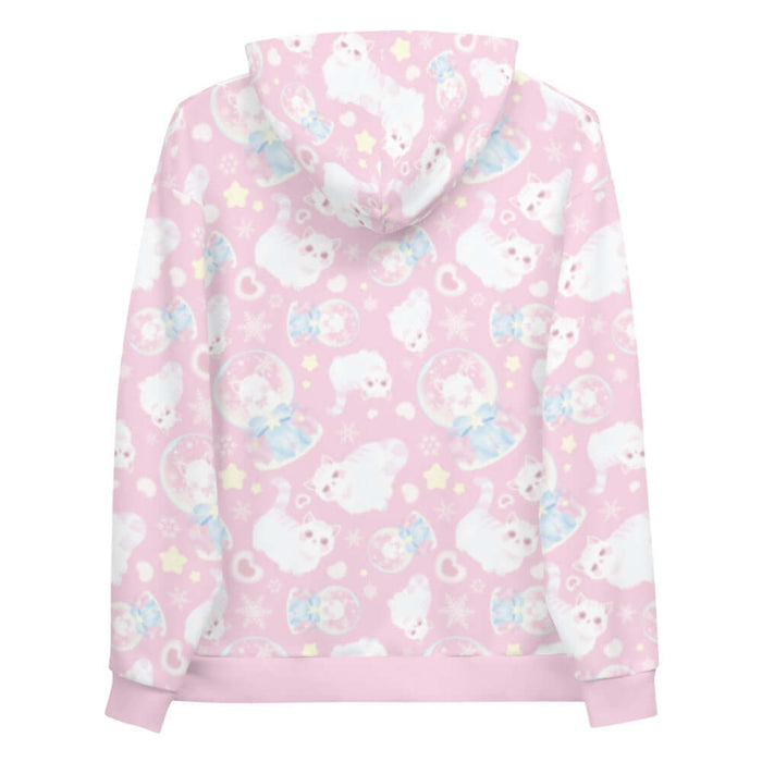 Snow Kitten kawaii hoodie with blushing kittens and blue and pink bows