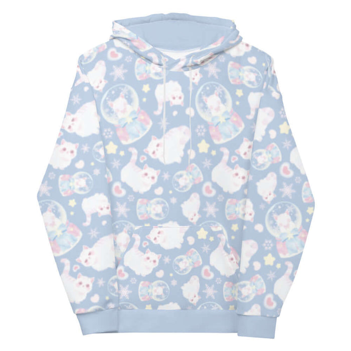 Snow Kitten kawaii hoodie with snow globes and drifting snowflakes