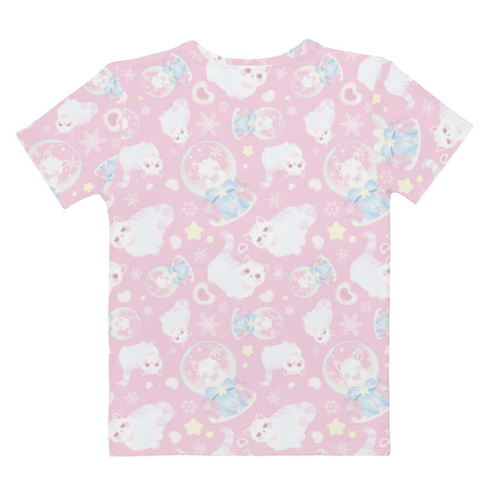 Snow Kitten kawaii tee in pink with blushing kittens and blue and pink bows