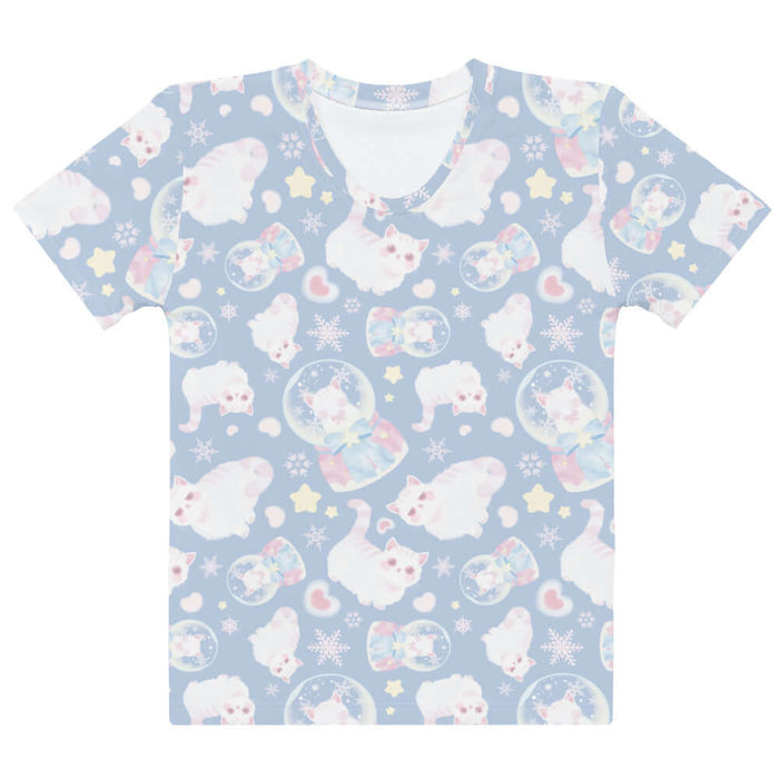 Snow Kitten kawaii tee with snow globes and drifting snowflakes
