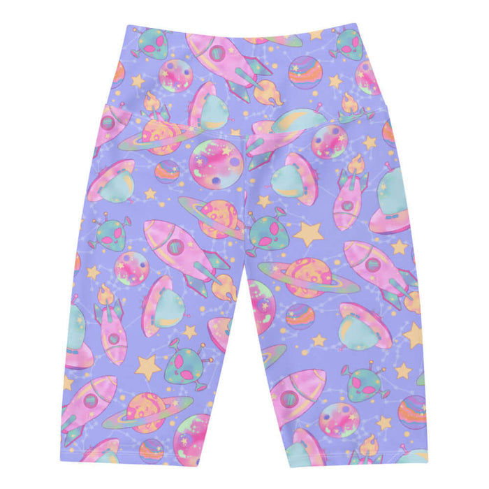 Space kawaii biker shorts in lavender with pink rockets and ringed Saturns