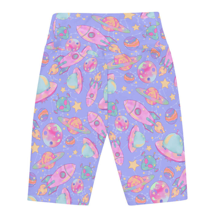 Space kawaii biker shorts in lavender with mint flying saucers and cream stars