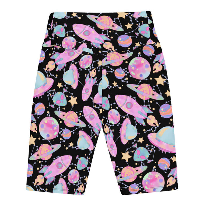 Space kawaii biker shorts in lavender with mint aliens and crescent moons