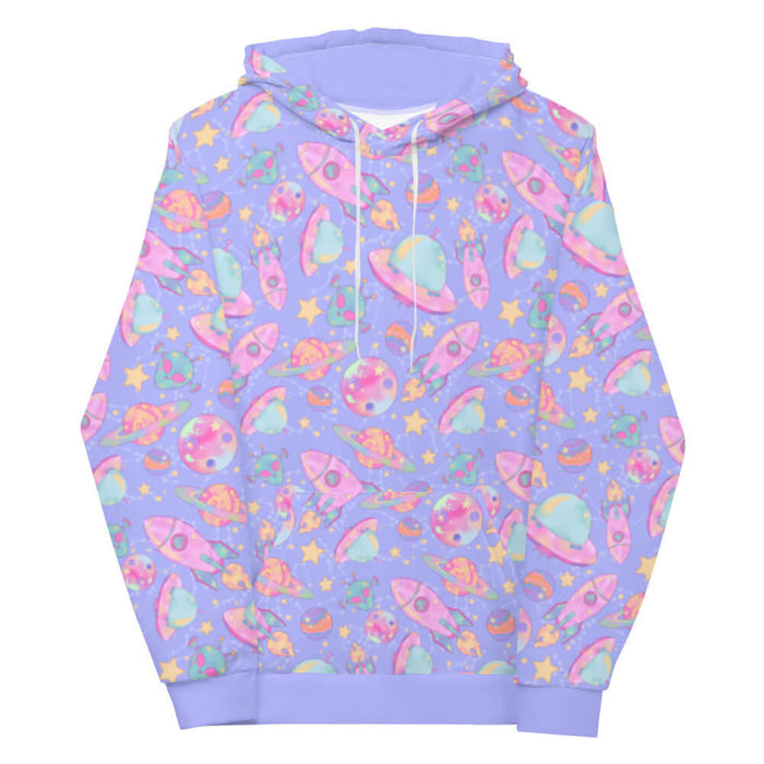 Space kawaii hoodie in lavender with pink rockets and ringed Saturns