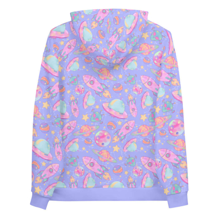 Space kawaii hoodie in lavender with mint flying saucers and cream stars