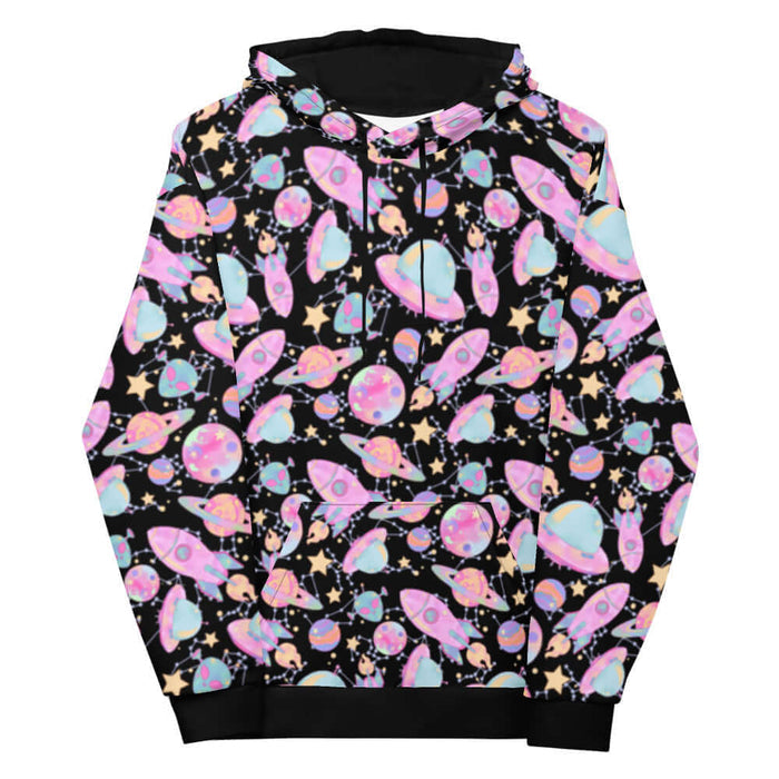 Space kawaii hoodie in lavender with rainbow-swirled planets and glowing orbs