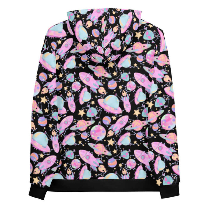 Space kawaii hoodie in lavender with mint aliens and crescent moons