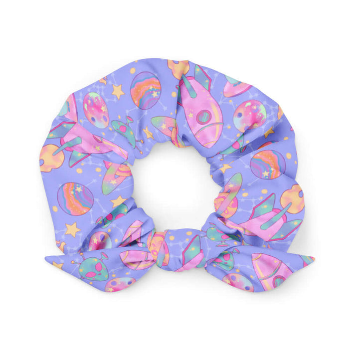 Space kawaii scrunchie in lavender with pink rockets and ringed Saturns
