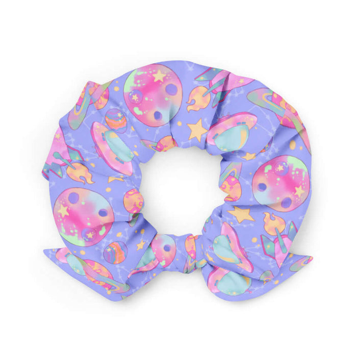 Space kawaii scrunchie in lavender with mint flying saucers and cream stars