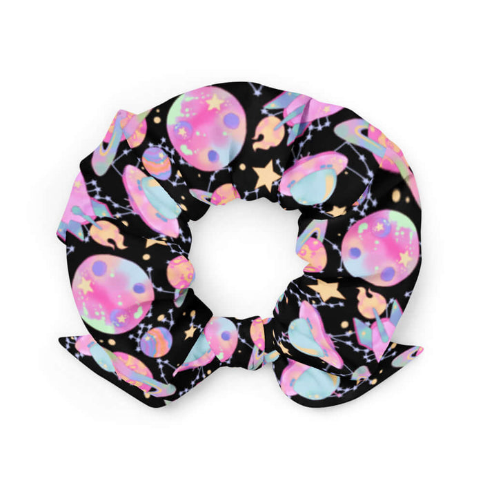 Space kawaii scrunchie in lavender with mint aliens and crescent moons