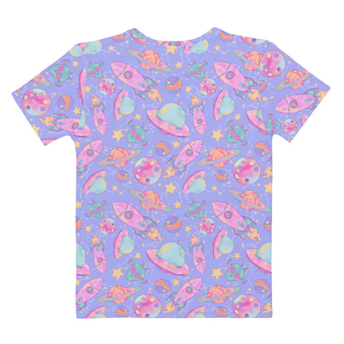 Space kawaii T-shirt in lavender with mint flying saucers and cream stars