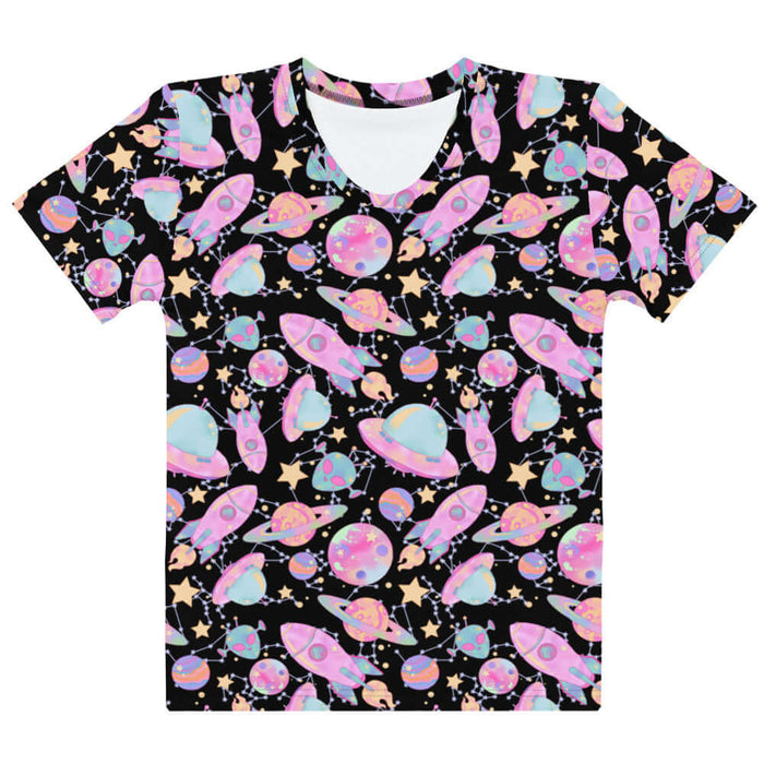 Space kawaii T-shirt in lavender with rainbow-swirled planets and glowing orbs
