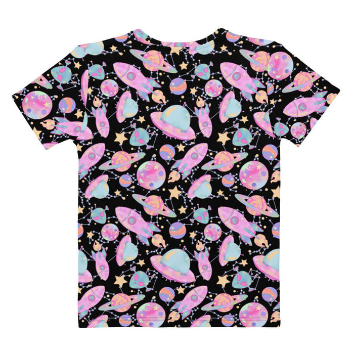 Space kawaii T-shirt in lavender with mint aliens and crescent moons