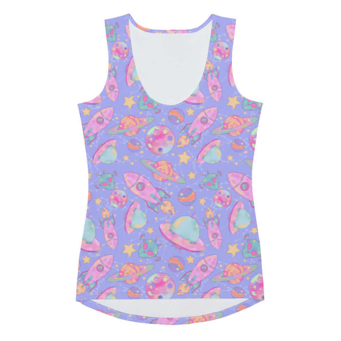 Space kawaii tank top in lavender with pink rockets and ringed Saturns