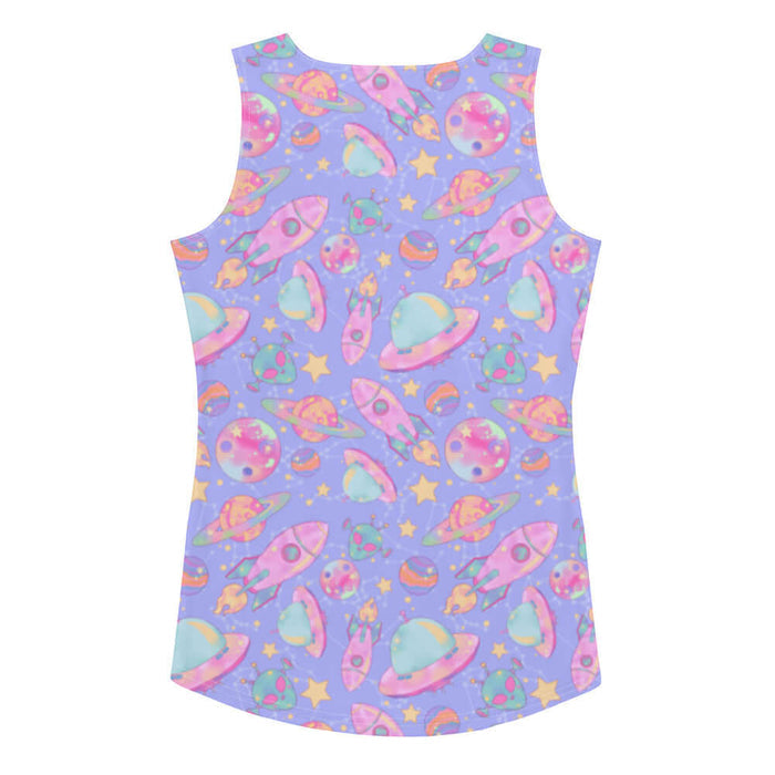 Space kawaii tank top in lavender with mint flying saucers and cream stars