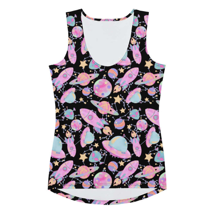 Space kawaii tank top in lavender with rainbow-swirled planets and glowing orbs