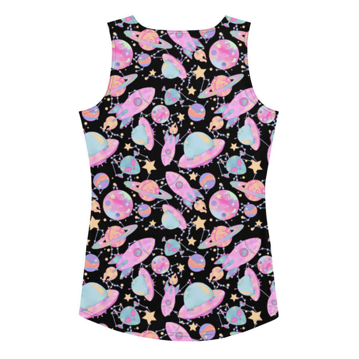 Space kawaii tank top in lavender with mint aliens and crescent moons
