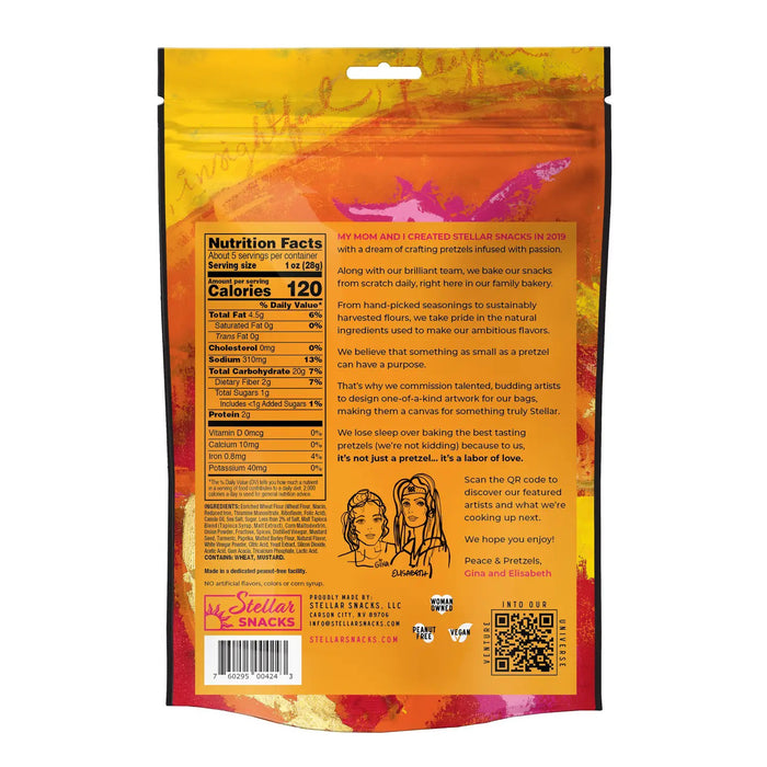 A vibrant bag in shades of orange and yellow—labeled “STELLAR SNACKS FRENCH DIJON PRETZEL BRAIDS”—features a vegan butter braid with honey mustard style seasoning. The packaging highlights that the product is Non-GMO, and “Baked with Love” is prominently displayed at the bottom.