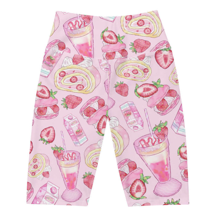 Pink kawaii Strawberry biker shorts with frosted roll cakes and whole strawberries