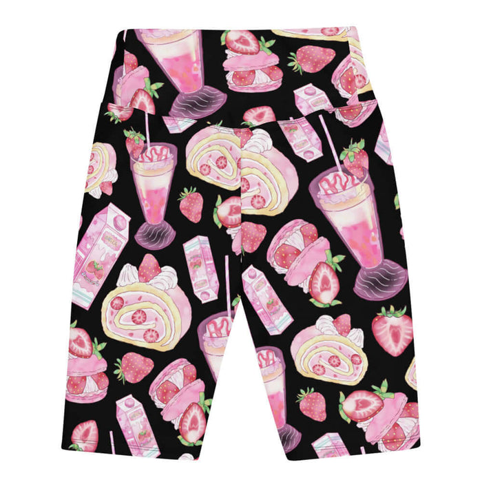 Pink kawaii Strawberry biker shorts with frosted roll cakes and macarons