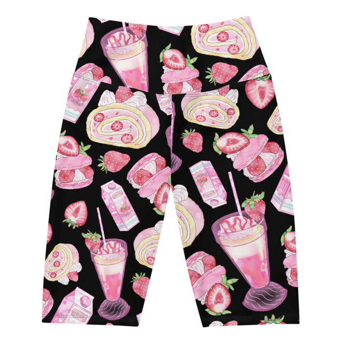 Pink kawaii Strawberry biker shorts with whole strawberries and milkshakes