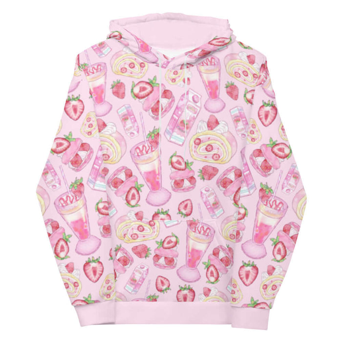 Pink kawaii Strawberry hoodie with whipped cream swirls and frosted roll cakes