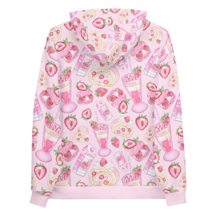 Pink kawaii Strawberry hoodie with whipped cream swirls and milkshakes