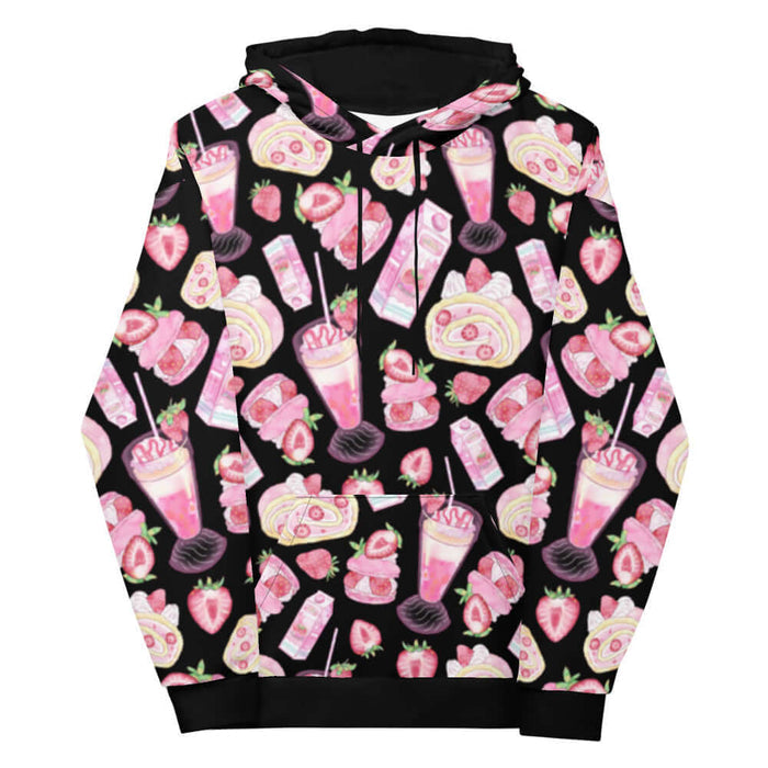 Pink kawaii Strawberry hoodie with whipped cream swirls and berries