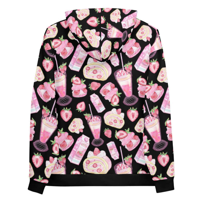 Pink kawaii Strawberry hoodie with frosted roll cakes and milkshakes