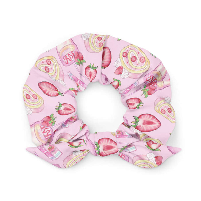 Pink kawaii Strawberry scrunchie with macarons and whipped cream swirls