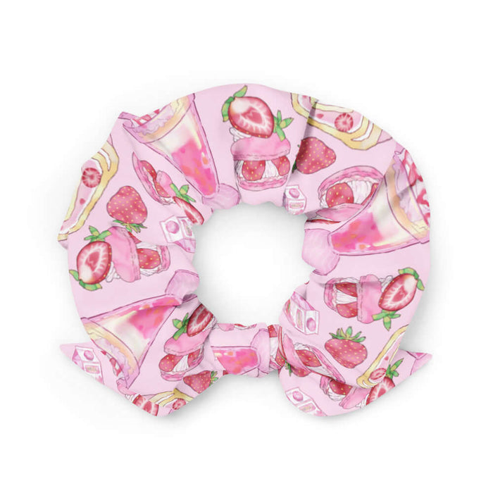 Pink kawaii Strawberry scrunchie with macarons and milkshakes