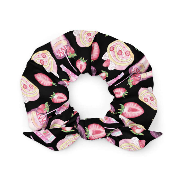 Pink kawaii Strawberry scrunchie with macarons and berries