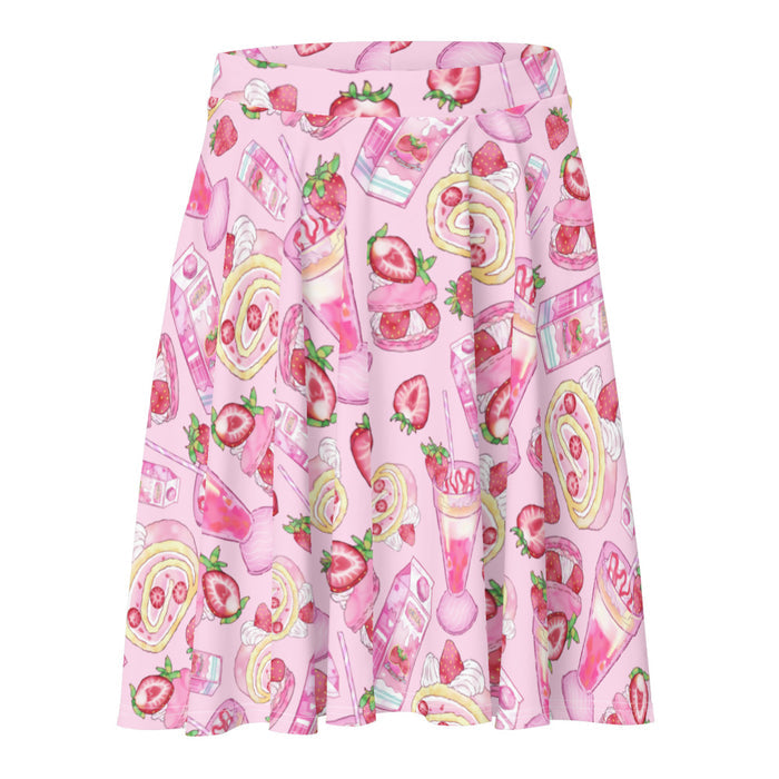 Pink kawaii Strawberry skater skirt with macarons and frosted roll cakes
