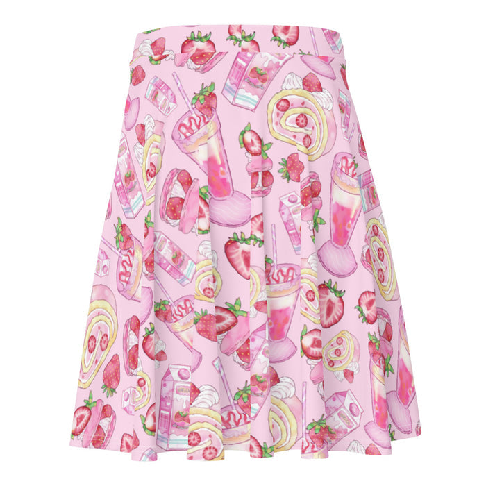 Pink kawaii Strawberry skater skirt with macarons and milkshakes