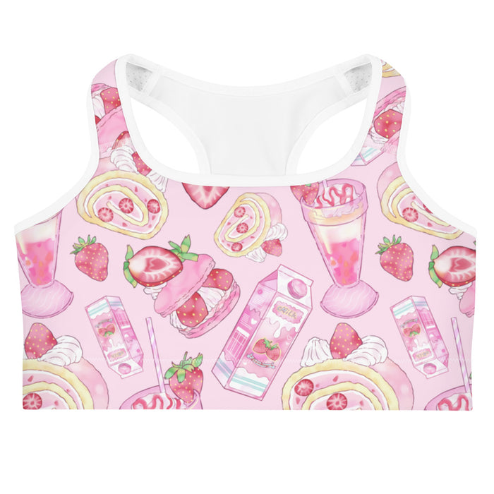 Pink kawaii Strawberry sports bra with pink macarons and sliced strawberries
