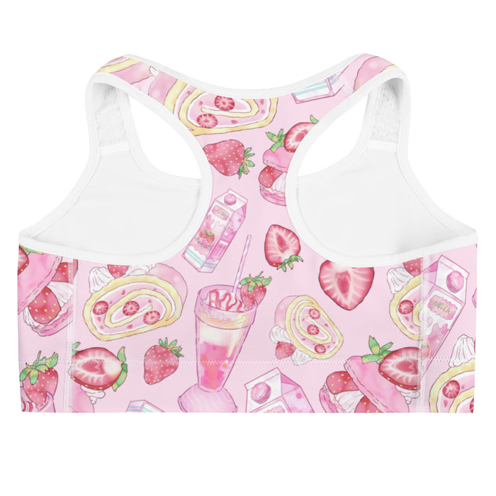 Pink kawaii Strawberry sports bra with pink macarons and milkshakes