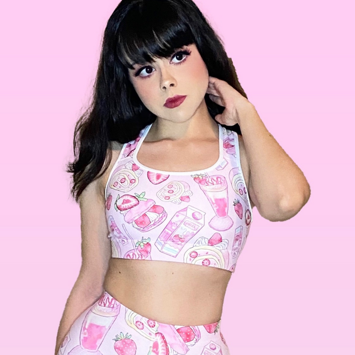 Pink kawaii Strawberry sports bra with pink macarons and whipped cream