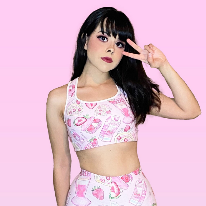 Pink kawaii Strawberry sports bra with sliced strawberries and milkshakes