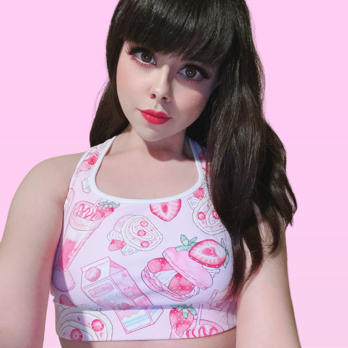 Pink kawaii Strawberry sports bra with milkshakes and whipped cream