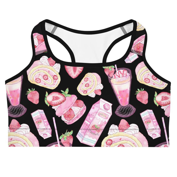 Pink kawaii Strawberry sports bra with sliced strawberries and whipped cream