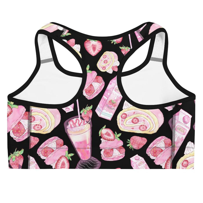 Pink kawaii Strawberry sports bra with pink macarons and milkshakes print