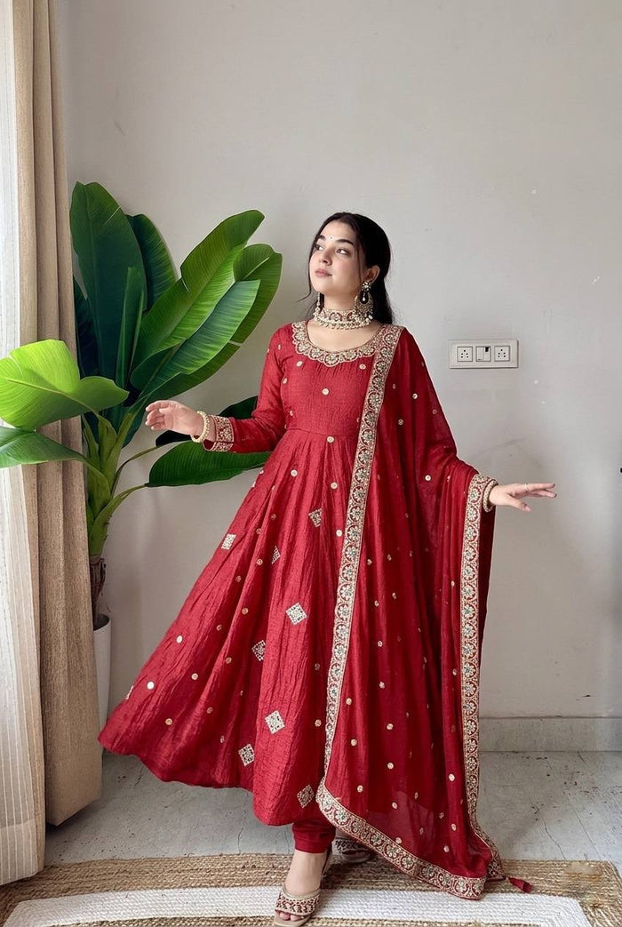 Stunning Red Anarkali Suit with Embroidery