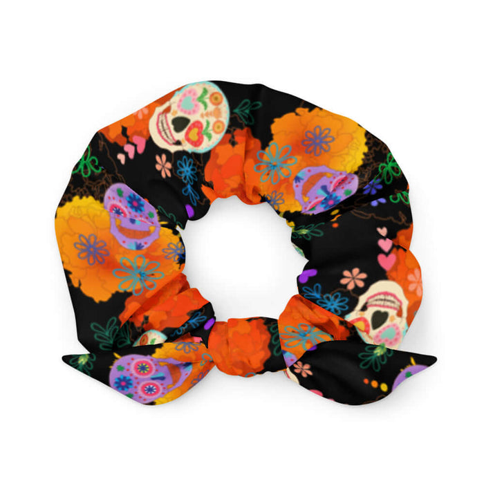 Sugar Skull kawaii scrunchie with calaveras and orange marigolds on black