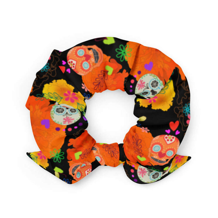 Sugar Skull kawaii scrunchie with sugar skulls and marigold petals on black