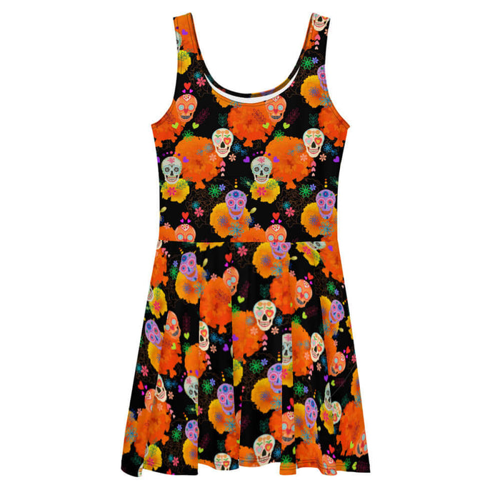 Sugar Skull kawaii skater dress with ornate skulls and line-art daisies on black